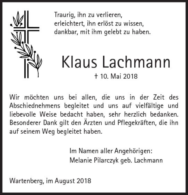 Traueranzeigen Von Klaus Lachmann Vrm Trauer De