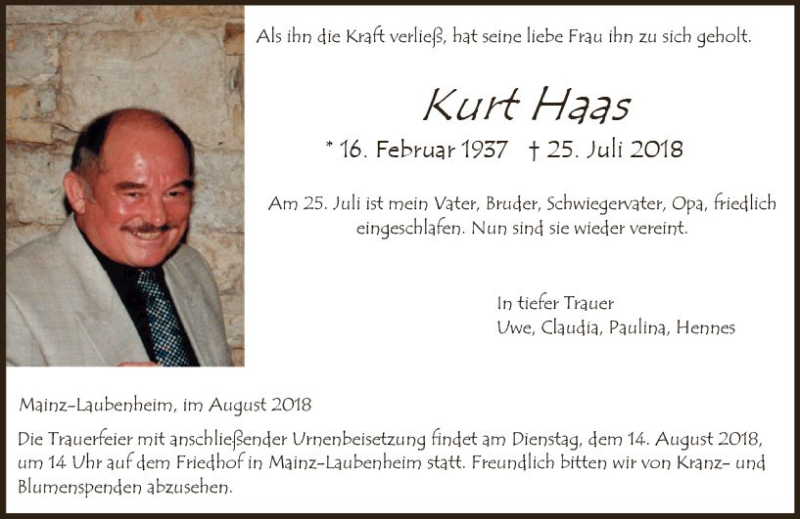 Traueranzeigen Von Kurt Haas Vrm Trauer De