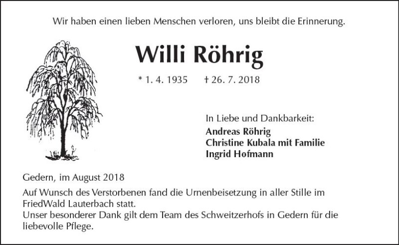 Traueranzeigen von Willi Röhrig vrm trauer de