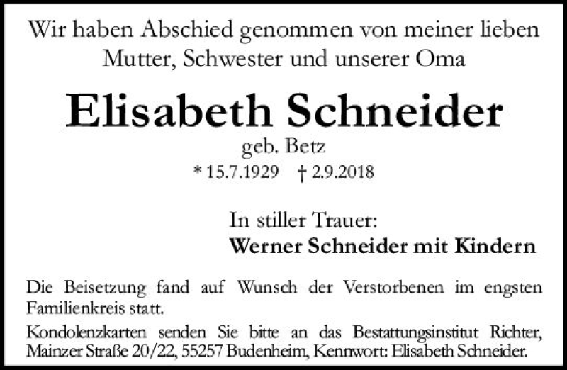 Traueranzeigen Von Elisabeth Schneider Vrm Trauer De