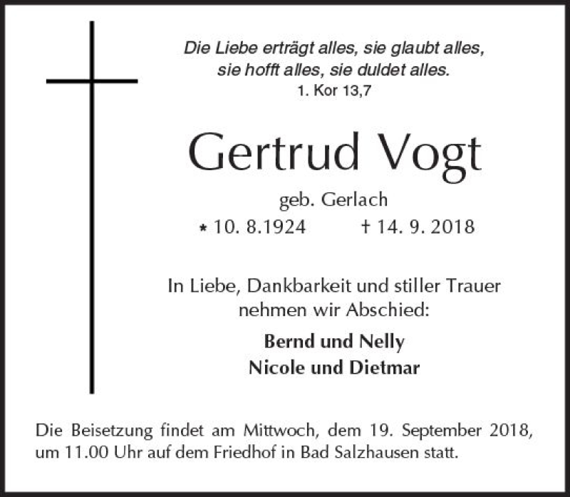 Traueranzeigen Von Gertrud Vogt Vrm Trauer De