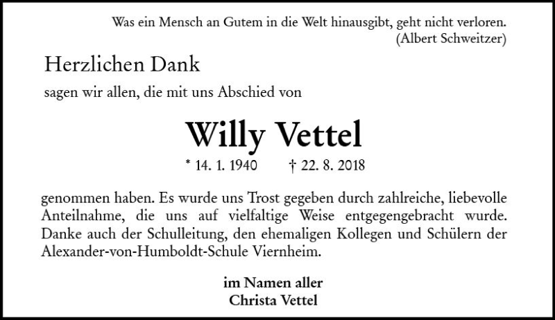 Traueranzeigen Von Willy Vettel Vrm Trauer De