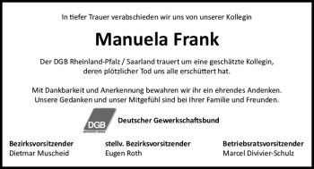 Traueranzeigen Von Manuela Frank Vrm Trauer De