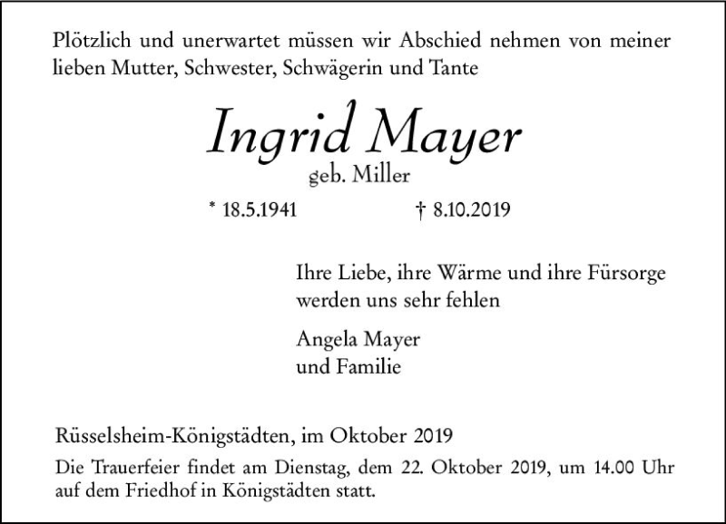 Traueranzeigen Von Ingrid Mayer Vrm Trauer De