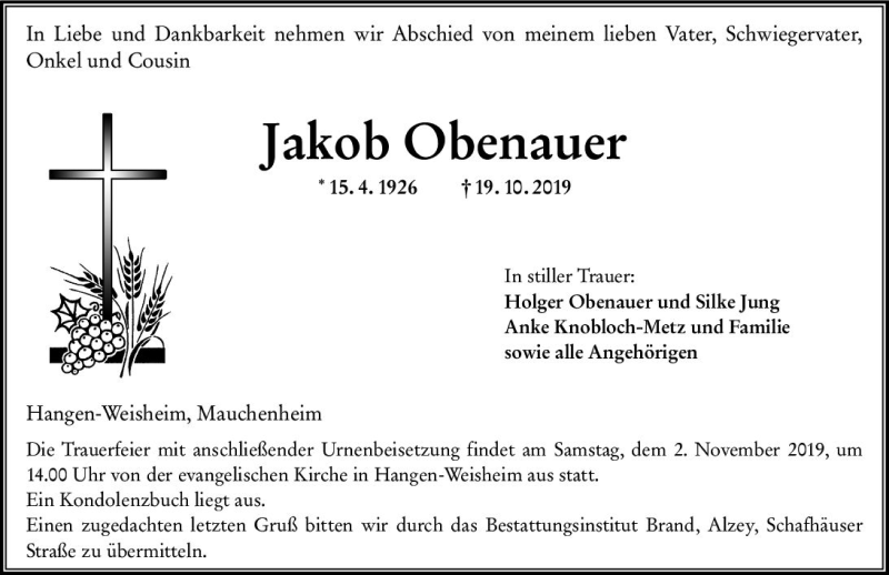 Traueranzeigen Von Jakob Obenauer Vrm Trauer De