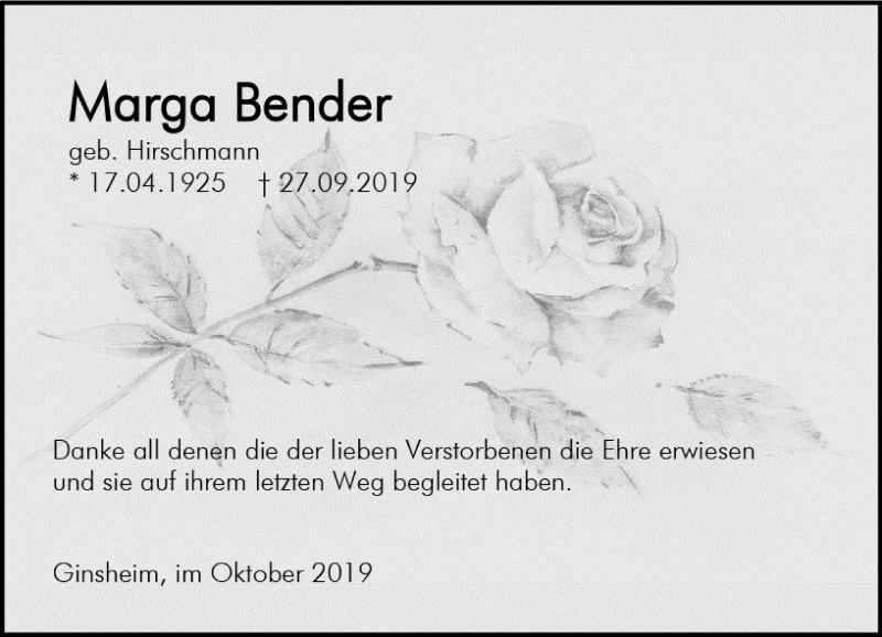 Traueranzeigen Von Marga Bender Vrm Trauer De