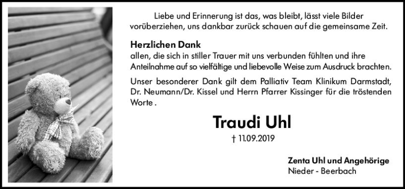 Traueranzeigen Von Traudi Uhl Vrm Trauer De