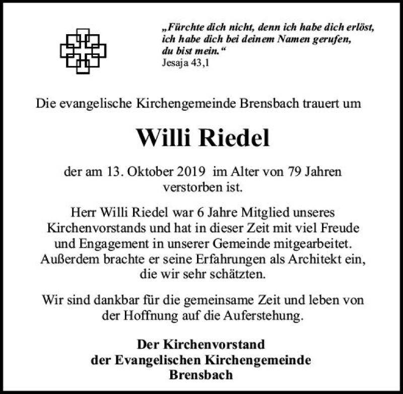 Traueranzeigen Von Willi Riedel Vrm Trauer De