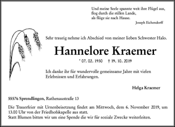 Traueranzeigen Von Hannelore Kraemer Vrm Trauer De