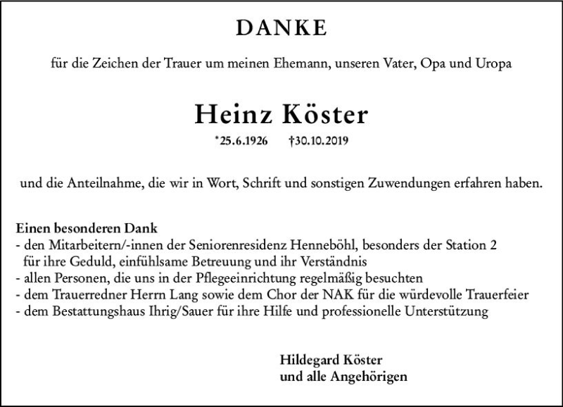 Traueranzeigen Von Heinz K Ster Vrm Trauer De