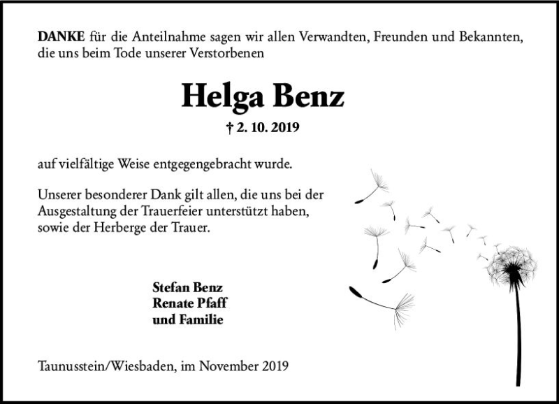 Traueranzeigen Von Helga Benz Vrm Trauer De