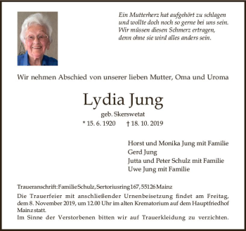 Traueranzeigen Von Lydia Jung Vrm Trauer De