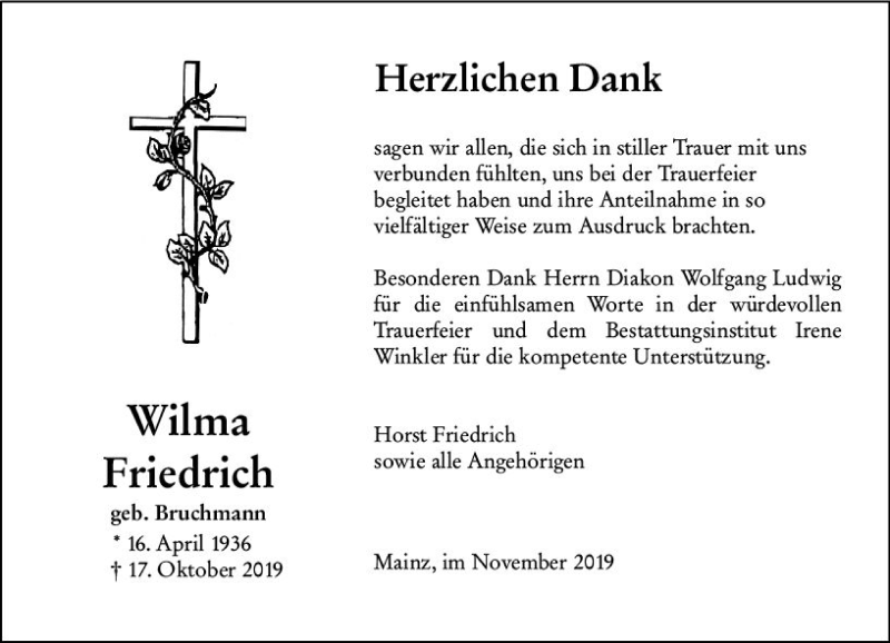 Traueranzeigen Von Wilma Friedrich Vrm Trauer De