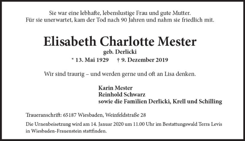 Traueranzeigen Von Elisabeth Charlotte Mester Vrm Trauer De