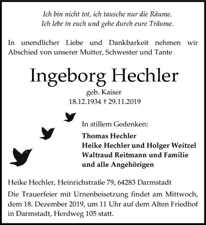 Traueranzeigen Von Ingeborg Hechler Vrm Trauer De