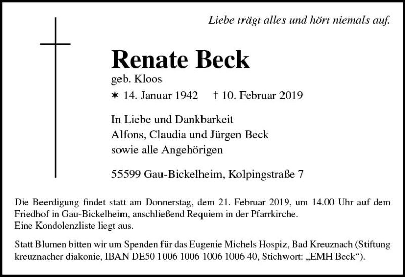 Traueranzeigen Von Renate Beck Vrm Trauer De