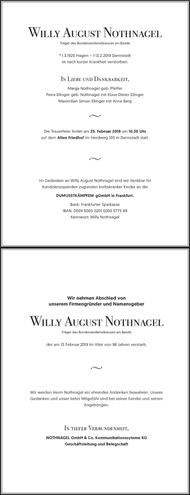 Traueranzeigen Von Willy August Nothnagel Vrm Trauer De