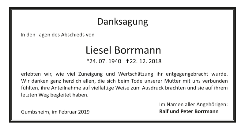 Traueranzeigen Von Liesel Borrmann Vrm Trauer De