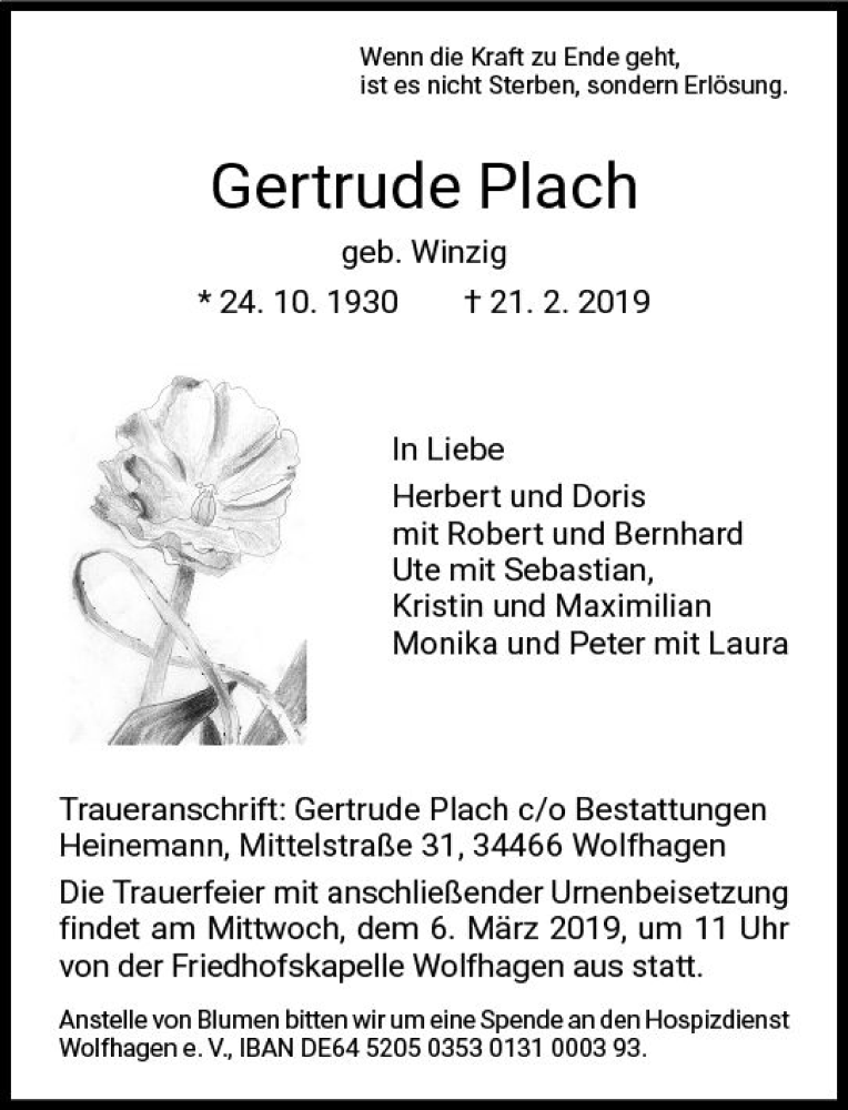 Traueranzeigen Von Gertrude Plach Vrm Trauer De