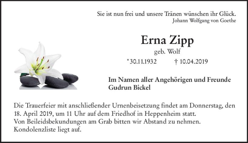 Traueranzeigen Von Erna Zipp Vrm Trauer De