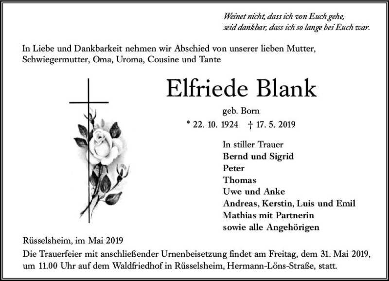 Traueranzeigen Von Elfriede Blank Vrm Trauer De