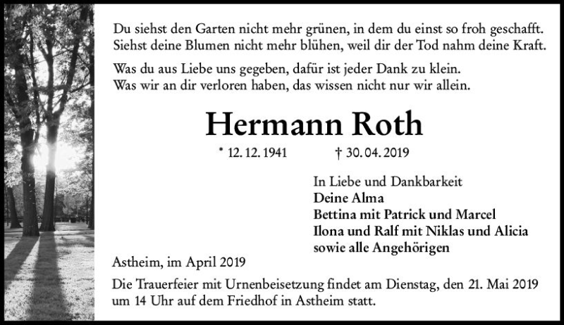 Traueranzeigen Von Hermann Roth Vrm Trauer De