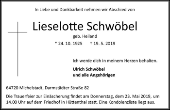 Traueranzeigen von Lieselotte Schwöbel vrm trauer de