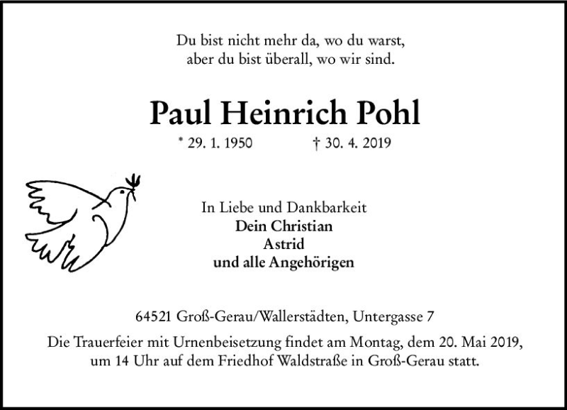 Traueranzeigen Von Paul Heinrich Pohl Vrm Trauer De