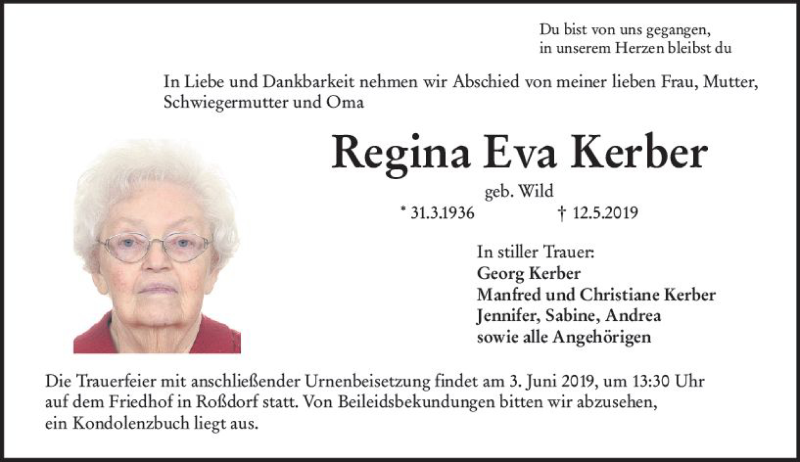 Traueranzeigen Von Regina Eva Kerber Vrm Trauer De