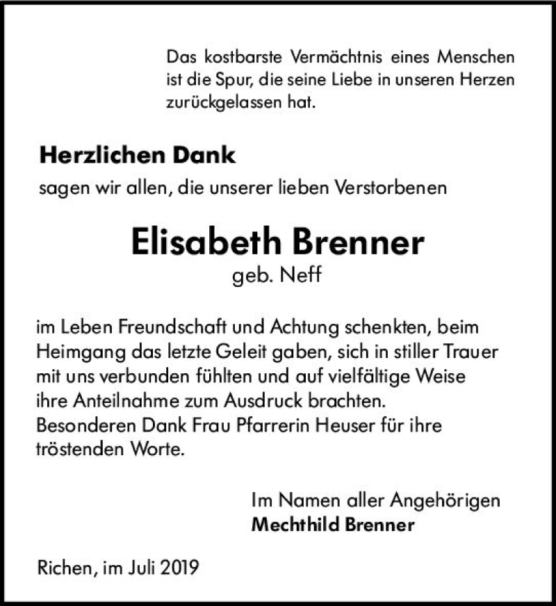 Traueranzeigen Von Elisabeth Brenner Vrm Trauer De