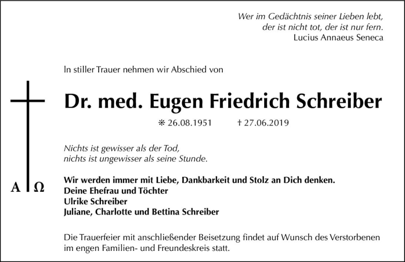 Traueranzeigen Von Eugen Friedrich Schreiber Vrm Trauer De