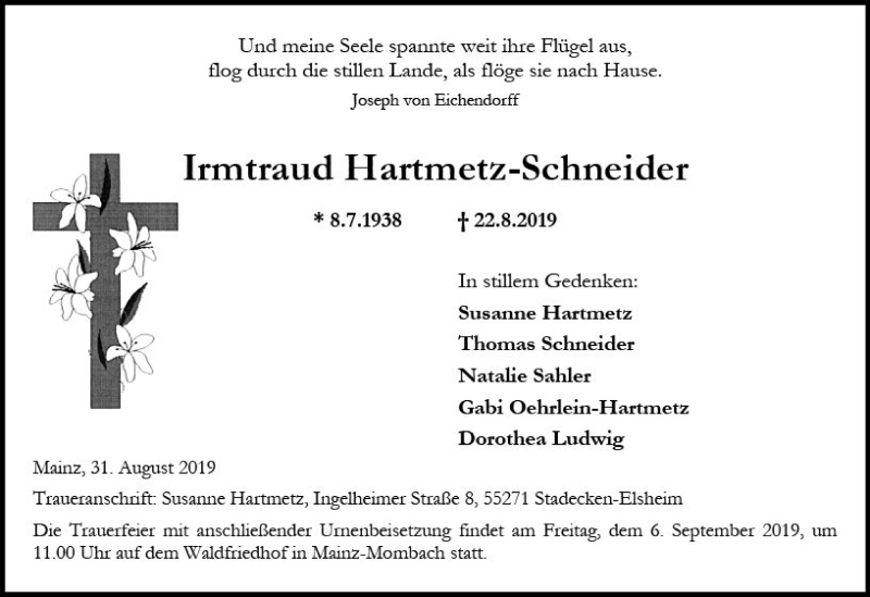 Traueranzeigen Von Irmtraud Hartmetz Schneider Vrm Trauer De