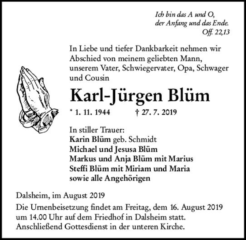 Traueranzeigen von Karl Jürgen Blüm vrm trauer de