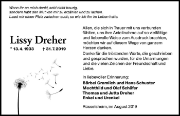 Traueranzeigen Von Lissy Dreher Vrm Trauer De