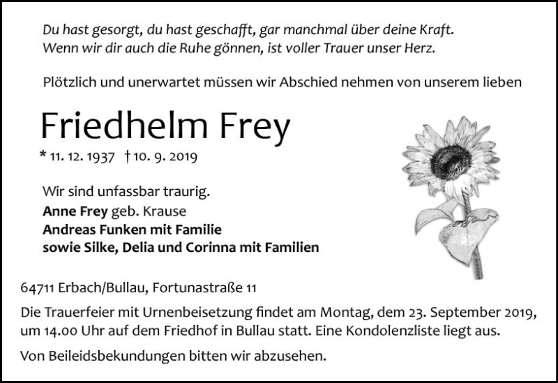 Traueranzeigen Von Friedhelm Frey Vrm Trauer De