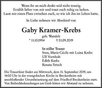 Traueranzeigen Von Gaby Kramer Krebs Vrm Trauer De