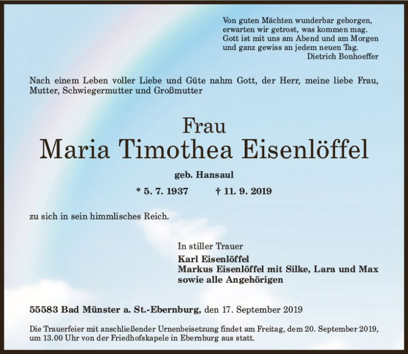 Traueranzeigen von Maria Timothea Eisenlöffel vrm trauer de