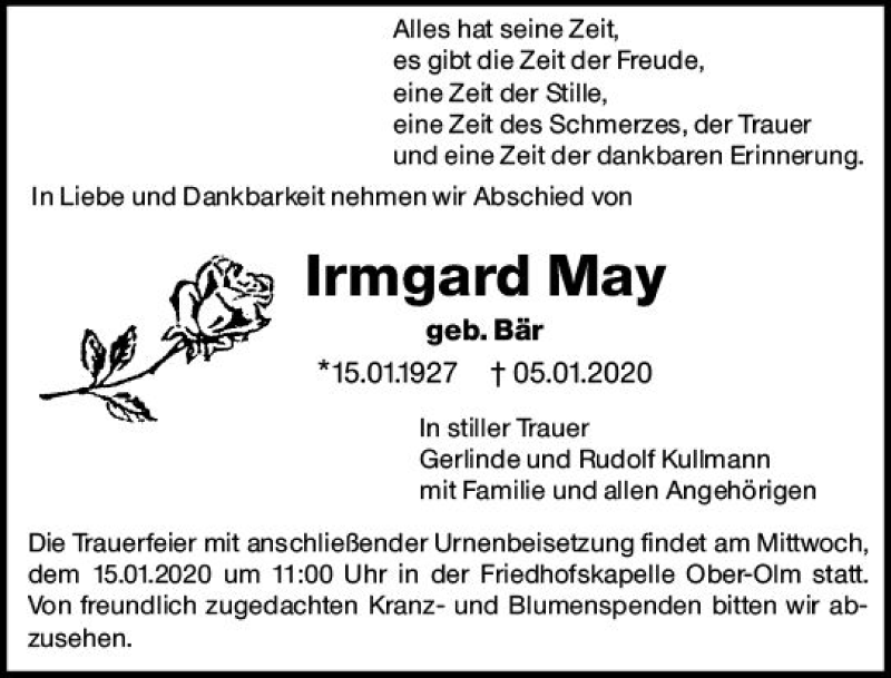 Traueranzeigen Von Irmgard May Vrm Trauer De