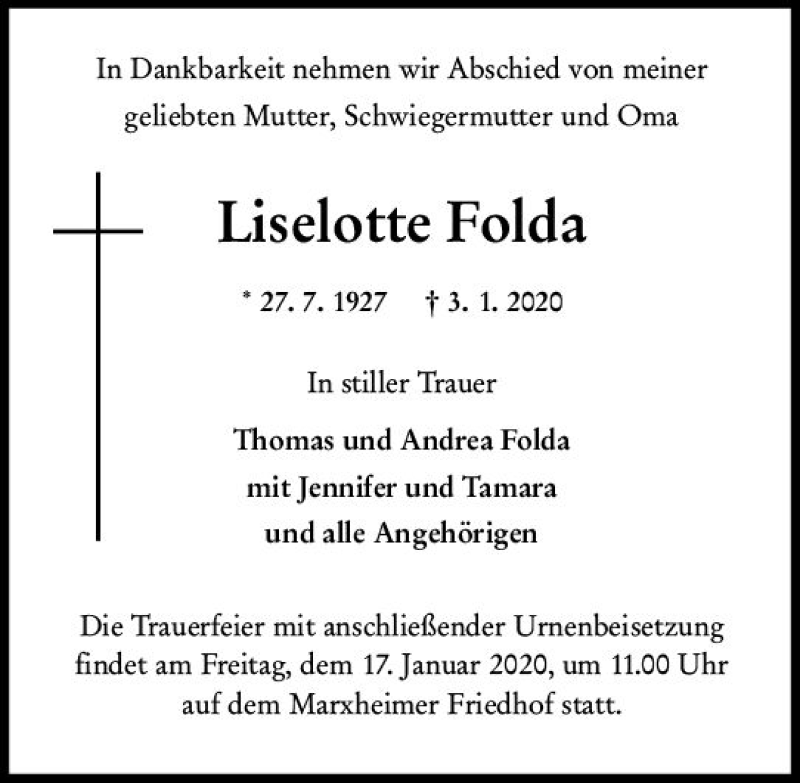 Traueranzeigen Von Liselotte Folda Vrm Trauer De