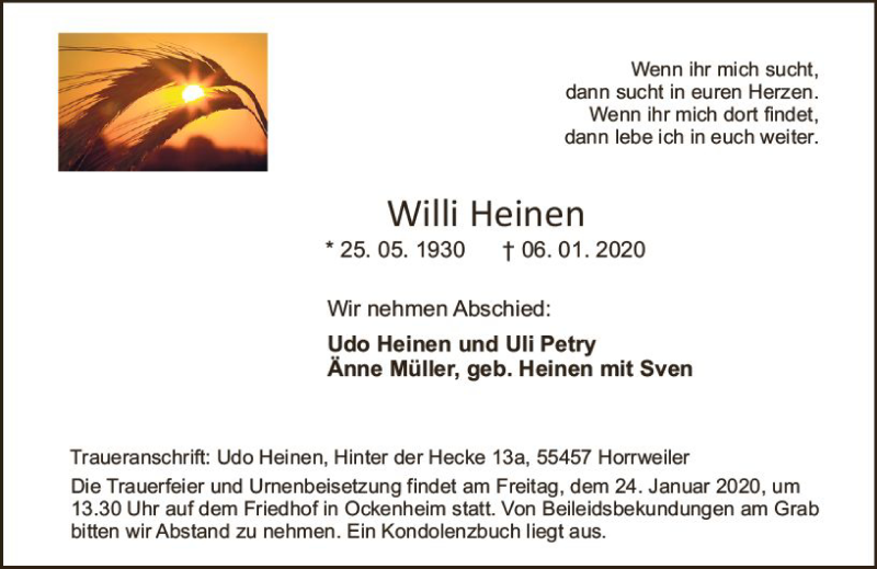 Traueranzeigen Von Willi Heinen Vrm Trauer De