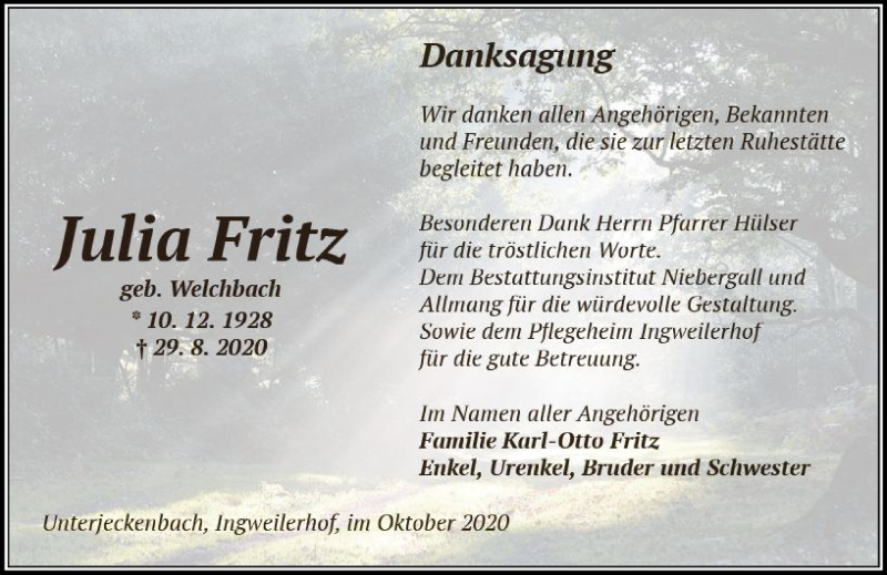 Traueranzeigen Von Julia Fritz Vrm Trauer De