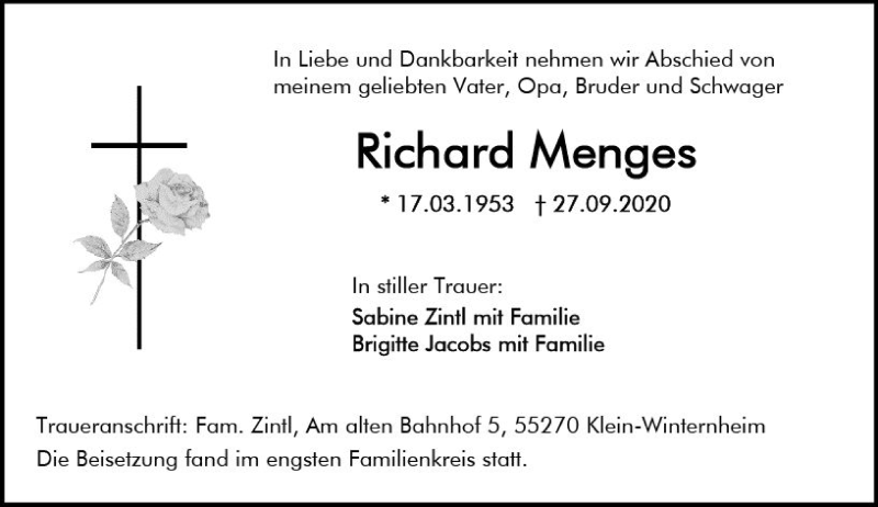 Traueranzeigen Von Richard Menges Vrm Trauer De