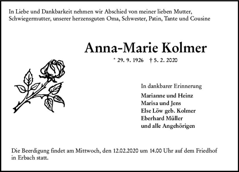 Traueranzeigen Von Anna Marie Kolmer Vrm Trauer De