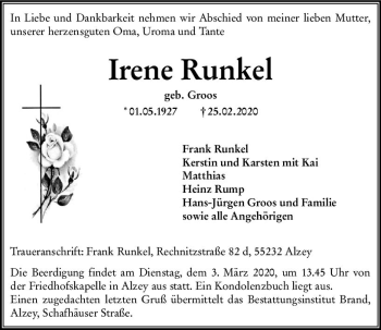 Traueranzeigen Von Irene Runkel Vrm Trauer De