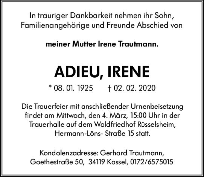 Traueranzeigen Von Irene Trautmann Vrm Trauer De