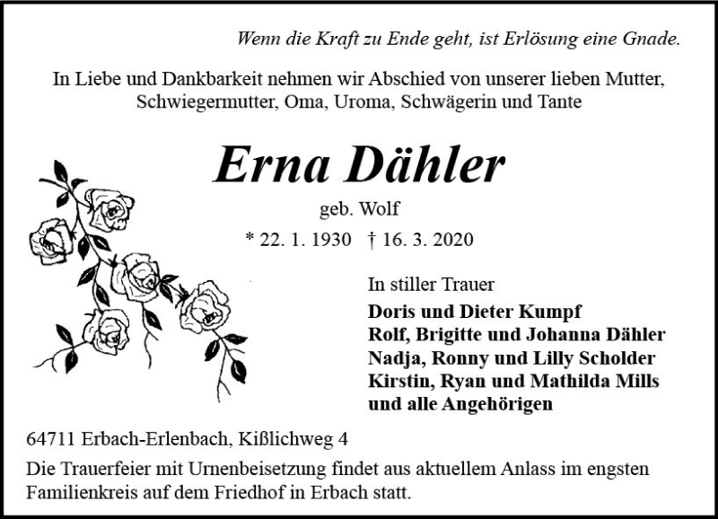 Traueranzeigen von Erna Döhler vrm trauer de