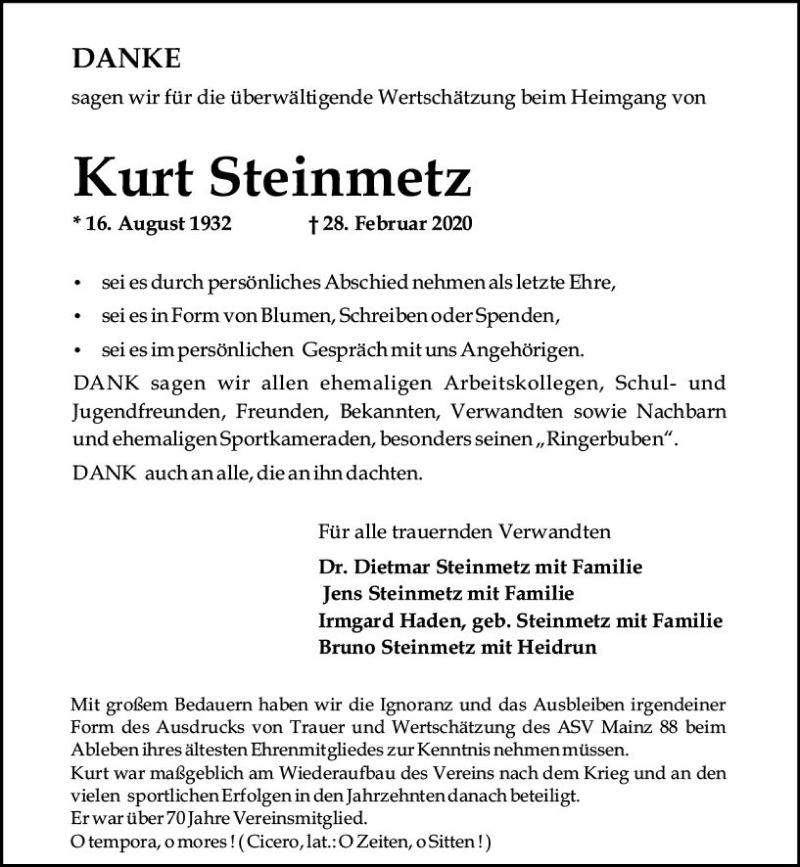 Traueranzeigen Von Kurt Steinmetz Vrm Trauer De