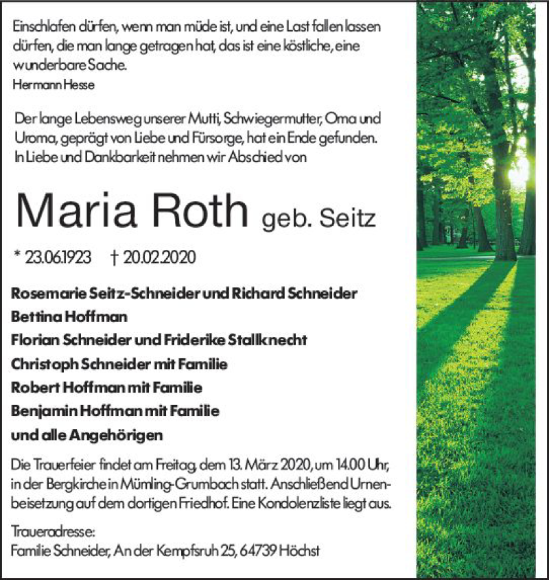 Traueranzeigen Von Maria Roth Vrm Trauer De