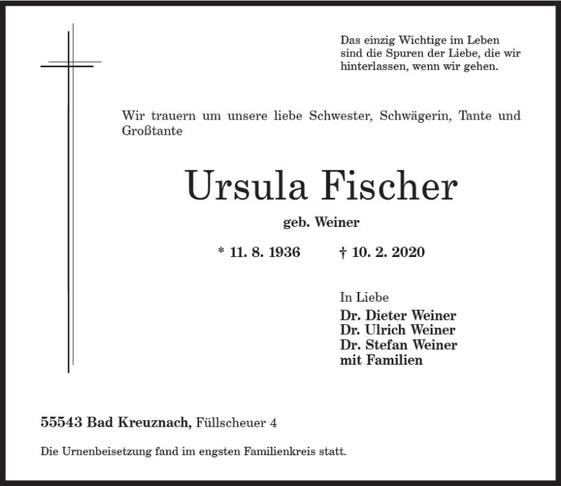 Traueranzeigen Von Ursula Fischer Vrm Trauer De