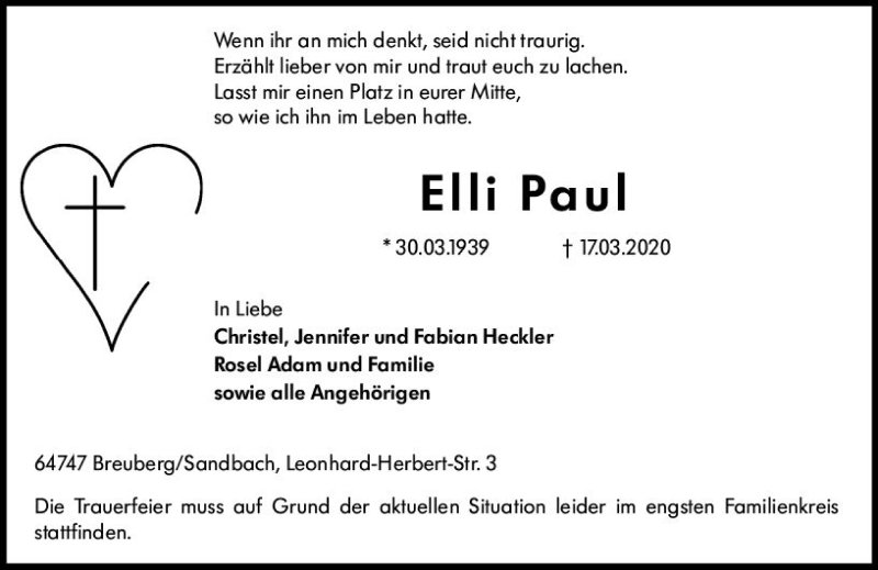 Traueranzeigen Von Elli Paul Vrm Trauer De